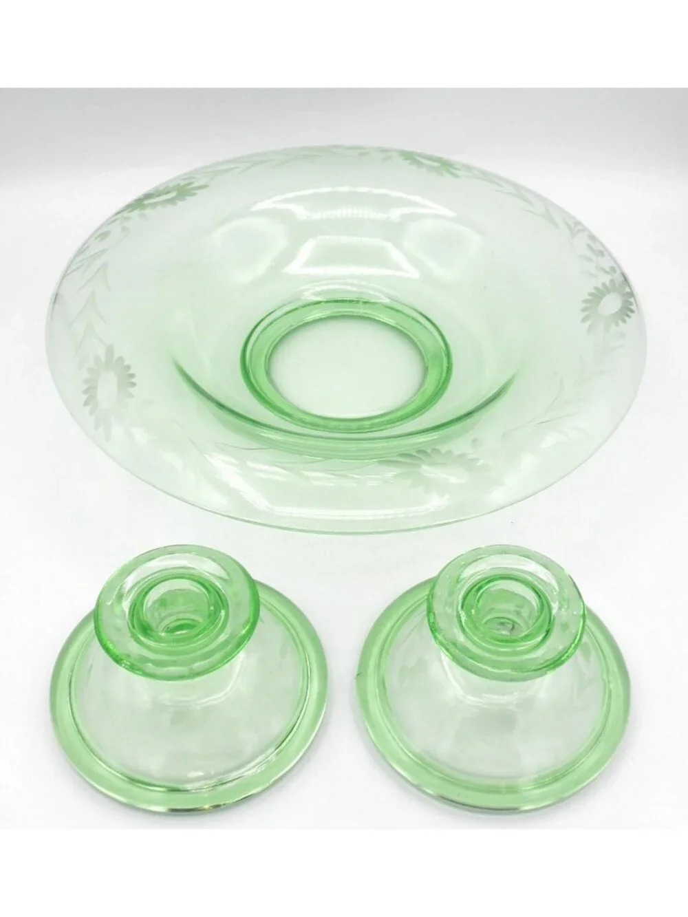Etched Green Depression Glass Rolled Edge Console Bowl 2 Matching Candle Holders